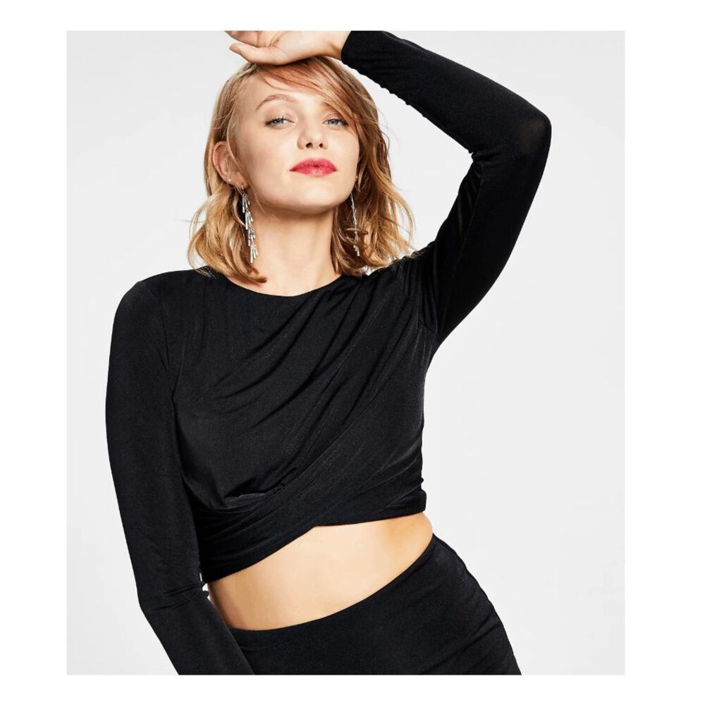 Bar III Cropped Crossover Front Long Sleeve Top Black Twist Front Size Small
